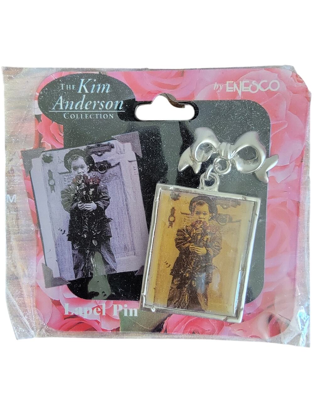 Kim Anderson Lapel Pin Boy Holding Roses NEW By Enesco 1998 VTG Love Silver